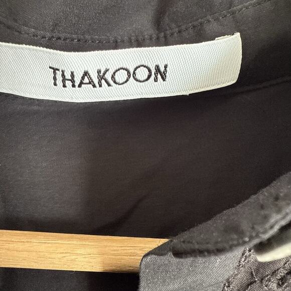 THAKOON Black Eyelet Lace Ruffle Hem Button Down Silk Cotton Mini Shirt Dress 0 - Picture 9 of 15